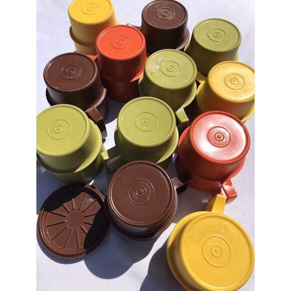 VTG Tupperware 1312 Stacking Coffee Cups Harvest MCM Orange Green Gold Brown Set - Picture 9 of 16